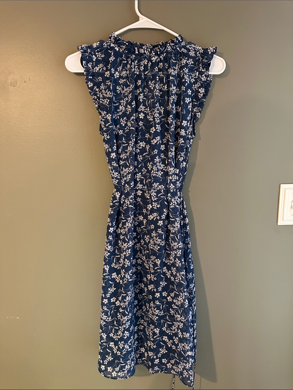Banana Republic Navy Floral Ruffle Neck Midi Dress